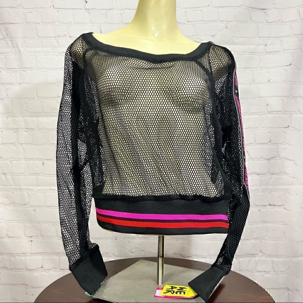 ZUMBA Fitness One Shoulder off shoulder mesh top with bright pink piping XL NWT